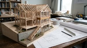 Architectural model of a house with exposed wooden frame, stairs, beam and retaining wall next to a blueprint