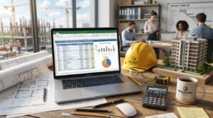 Construction cost planning desk with laptop showing budget charts, hard hat, blueprints, and calculator on the table