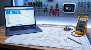 Engineering schematic of HVAC ductwork on a laptop screen with multimeter and technical tools nearby