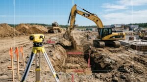 Excavator digging a trench at a construction site with surveyor stakes and dump truck in background