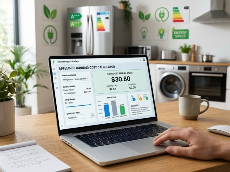 Appliance Running Cost Calculator interface showing fields for power rating, hours, and electricity price.