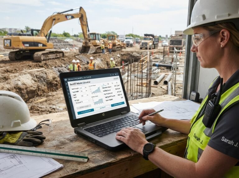 Backfill Volume Calculator interface showing fields for length, width, depth, and compaction.