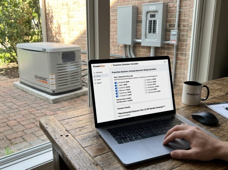 Backup Generator Sizing Calculator interface showing fields for base load, motor load, and surge factors.