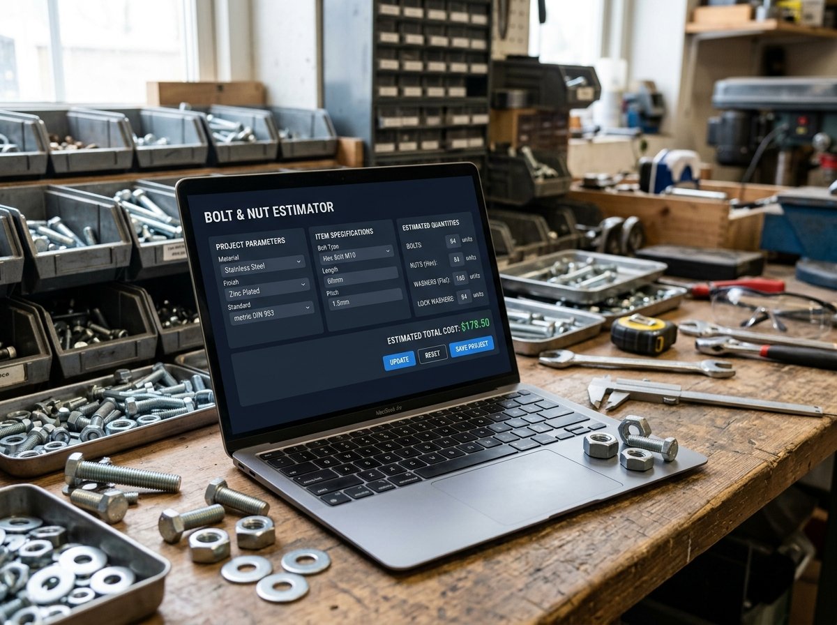 Bolts & Nuts Estimator Calculator interface showing fields for bolt type, size, quantity, and pricing.