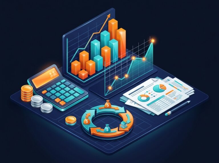 Business cash flow calculator with doughnut chart of expenses and line chart of projected cash balance