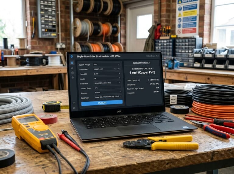 Cable Size (Single-Phase) Calculator interface showing fields for load, voltage, length, and conductor material.