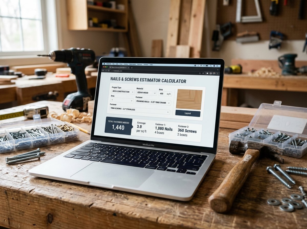 Nails & Screws Estimator Calculator interface showing fields for application, dimensions, spacing, and pricing.