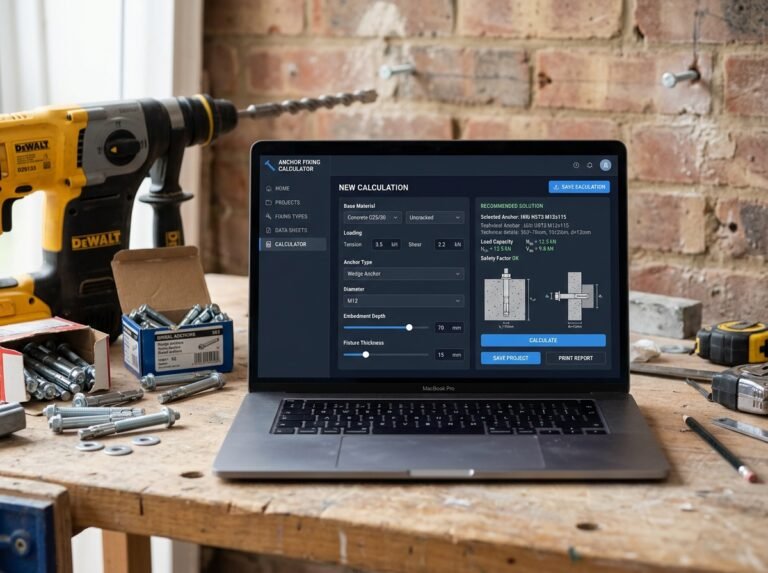 Anchor Bolts & Wall Fixings Calculator interface showing fields for application, anchor type, size, and pricing.