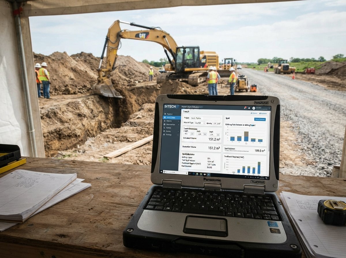 Trench Excavation / Spoil Calculator interface showing fields for length, width, depth, and costs.