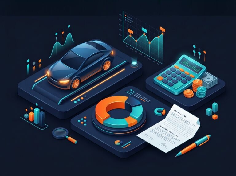 Auto loan calculator with doughnut chart showing principal vs interest and line graph of amortization