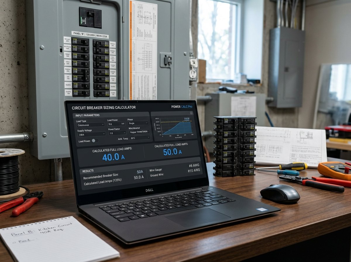 Circuit Breaker Sizing Calculator interface showing fields for load, voltage, and cable ampacity.