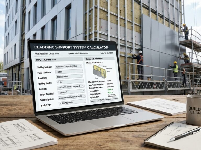 Cladding Support System Calculator interface showing fields for facade dimensions, support system, spacing, and costs.