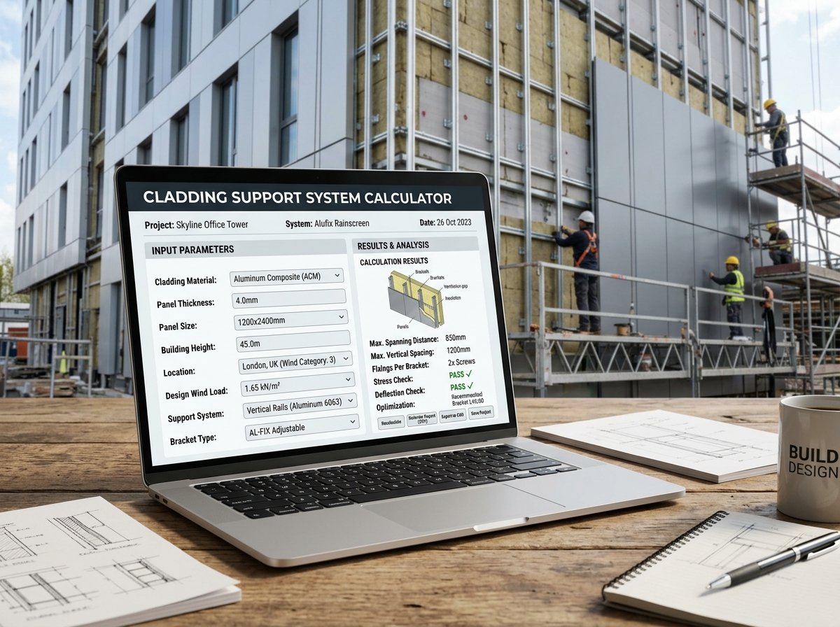 Cladding Support System Calculator interface showing fields for facade dimensions, support system, spacing, and costs.