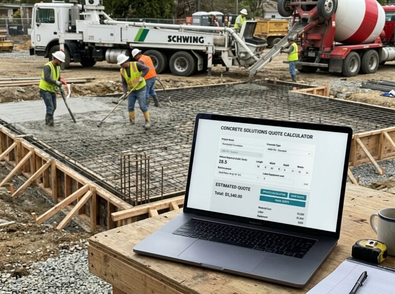 Concrete Quote Calculator interface showing fields for volume, mix, materials, formwork, and labour.