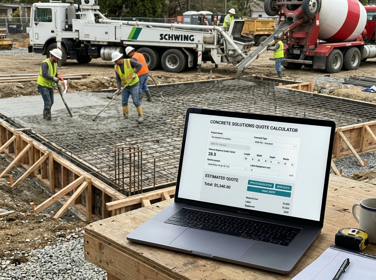 Concrete Quote Calculator interface showing fields for volume, mix, materials, formwork, and labour.