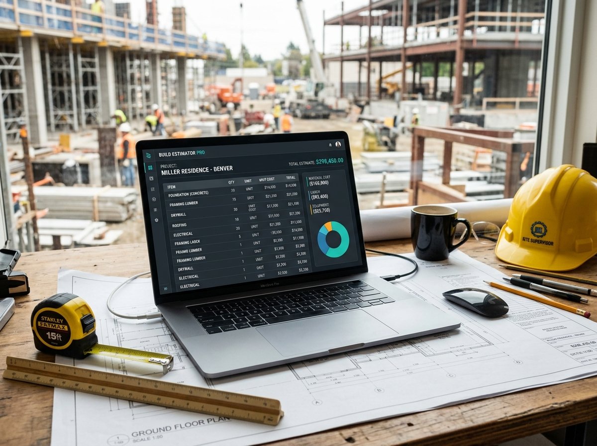 Construction Estimate Calculator interface showing fields for area, building type, and costs.