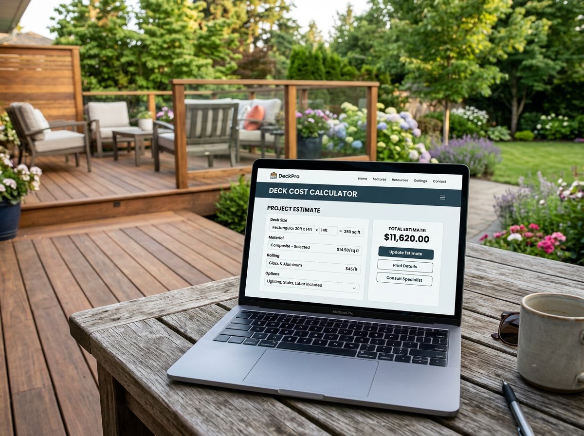 Deck Cost Calculator interface showing fields for deck area, board material, joist spacing, and costs.