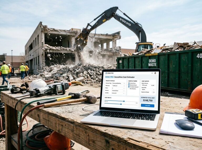 Demolition Cost Calculator interface showing fields for area, scope, access, and costs.