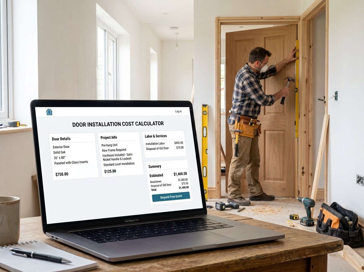 Door Installation Cost Calculator interface showing fields for door count, dimensions, material, and pricing.