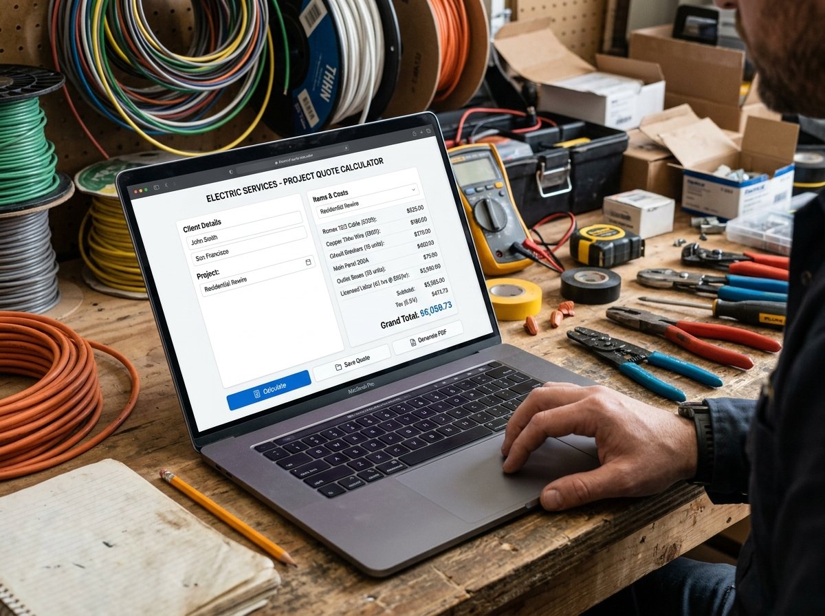 Electrical Quote Calculator interface showing fields for points, cable, distribution board, and labour.