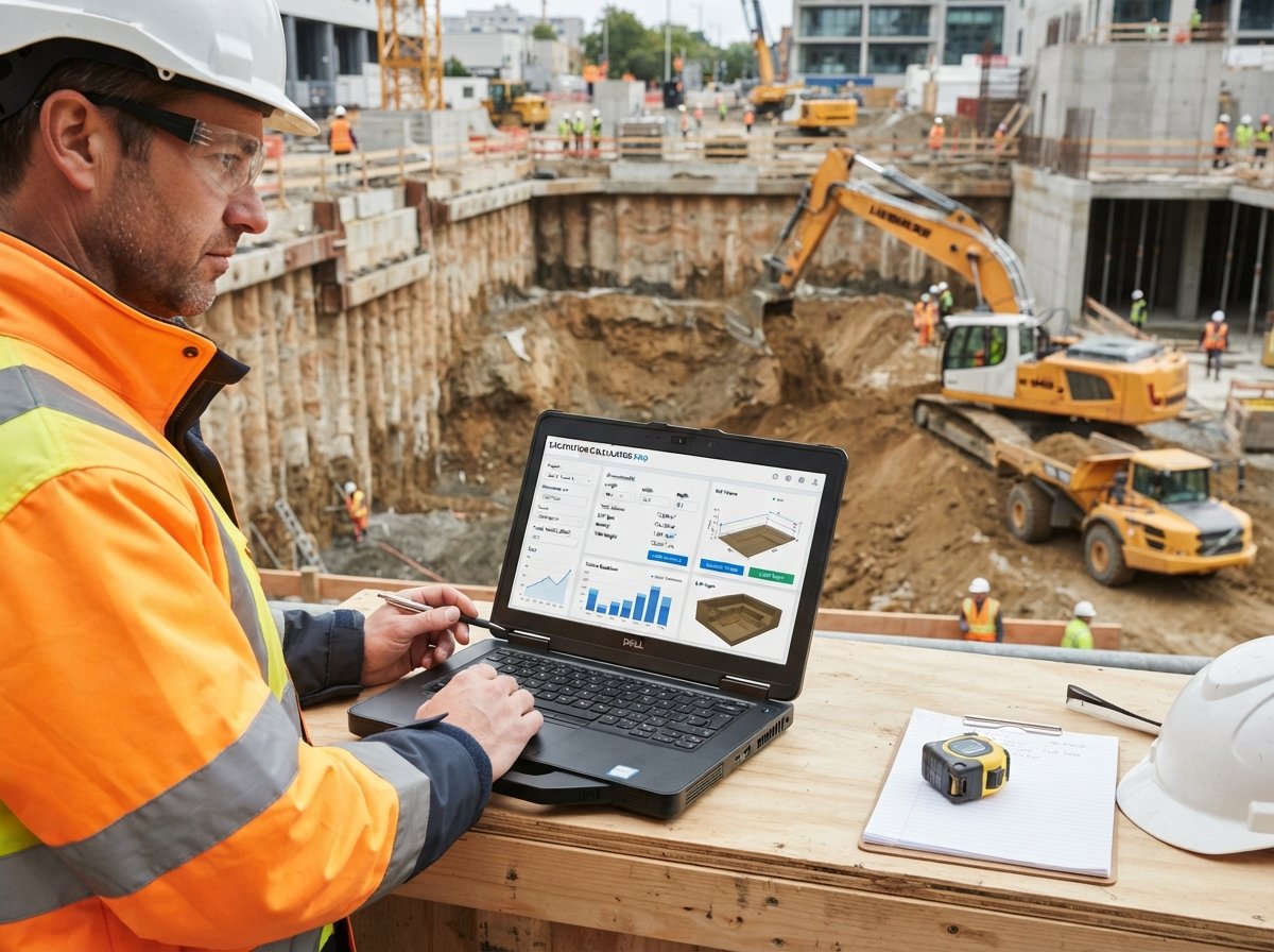 Pit / Basement Excavation Calculator interface showing fields for length, width, depth, and slopes.