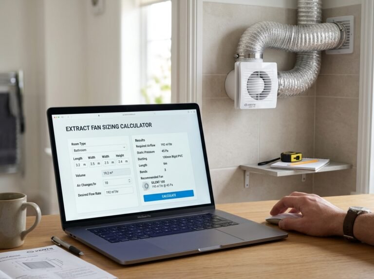 Extract Fan Sizing Calculator interface showing fields for room type, ducting, fan type, and costs.