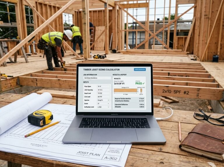 Floor Joist Sizing Calculator interface showing fields for span, spacing, load, and timber grade.