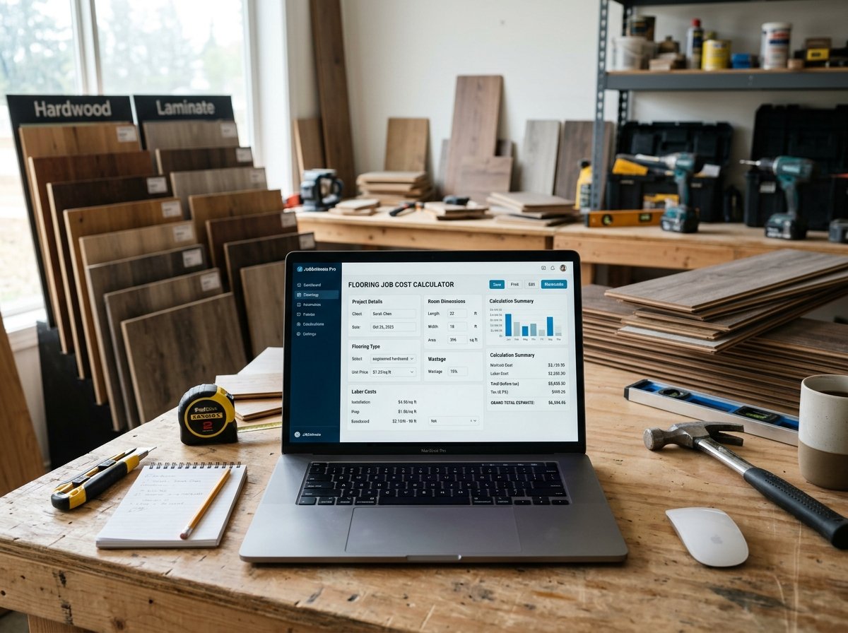 Flooring Job Cost Calculator interface showing fields for area, material, and costs.