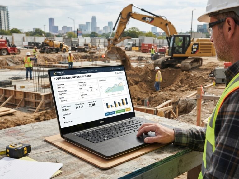 Foundation Excavation Calculator interface showing fields for foundation type, dimensions, and costs.