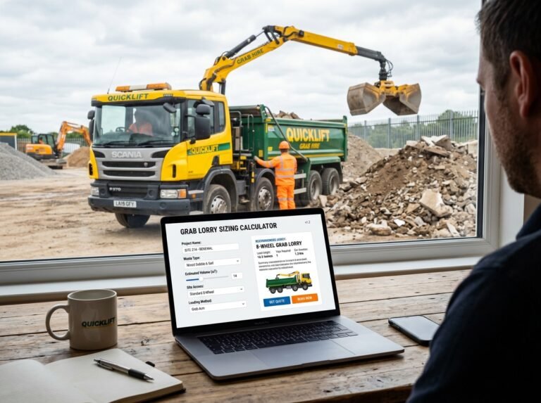 Grab Lorry Sizing Calculator interface showing fields for waste type, volume, lorry size, and costs.
