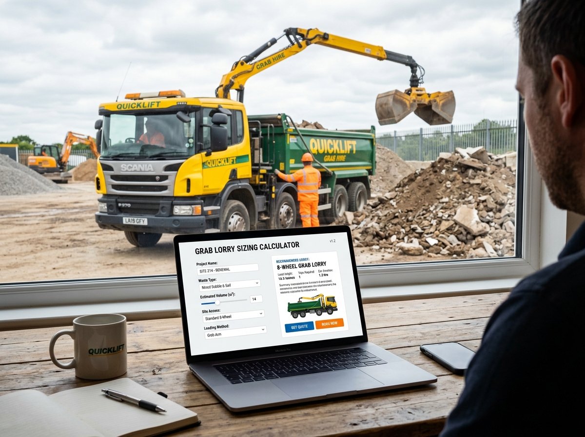 Grab Lorry Sizing Calculator interface showing fields for waste type, volume, lorry size, and costs.