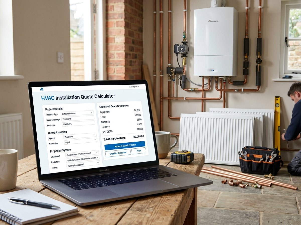 HVAC Installation Quote Calculator interface showing fields for system type, equipment, radiators, pipes, and labour.