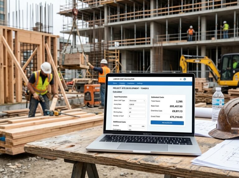 Labour Cost Calculator interface showing fields for workers, days, hours, and rates.
