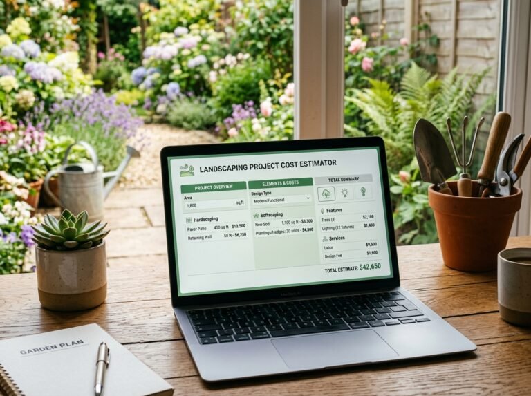 Landscaping Cost Calculator interface showing fields for area, scope, surface, and costs.