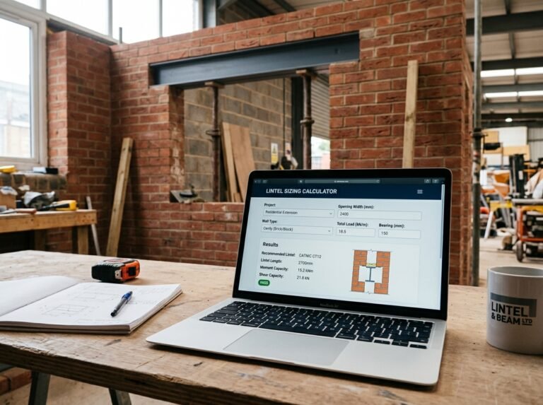 Lintel Sizing Calculator interface showing fields for span, wall dimensions, load, and material.