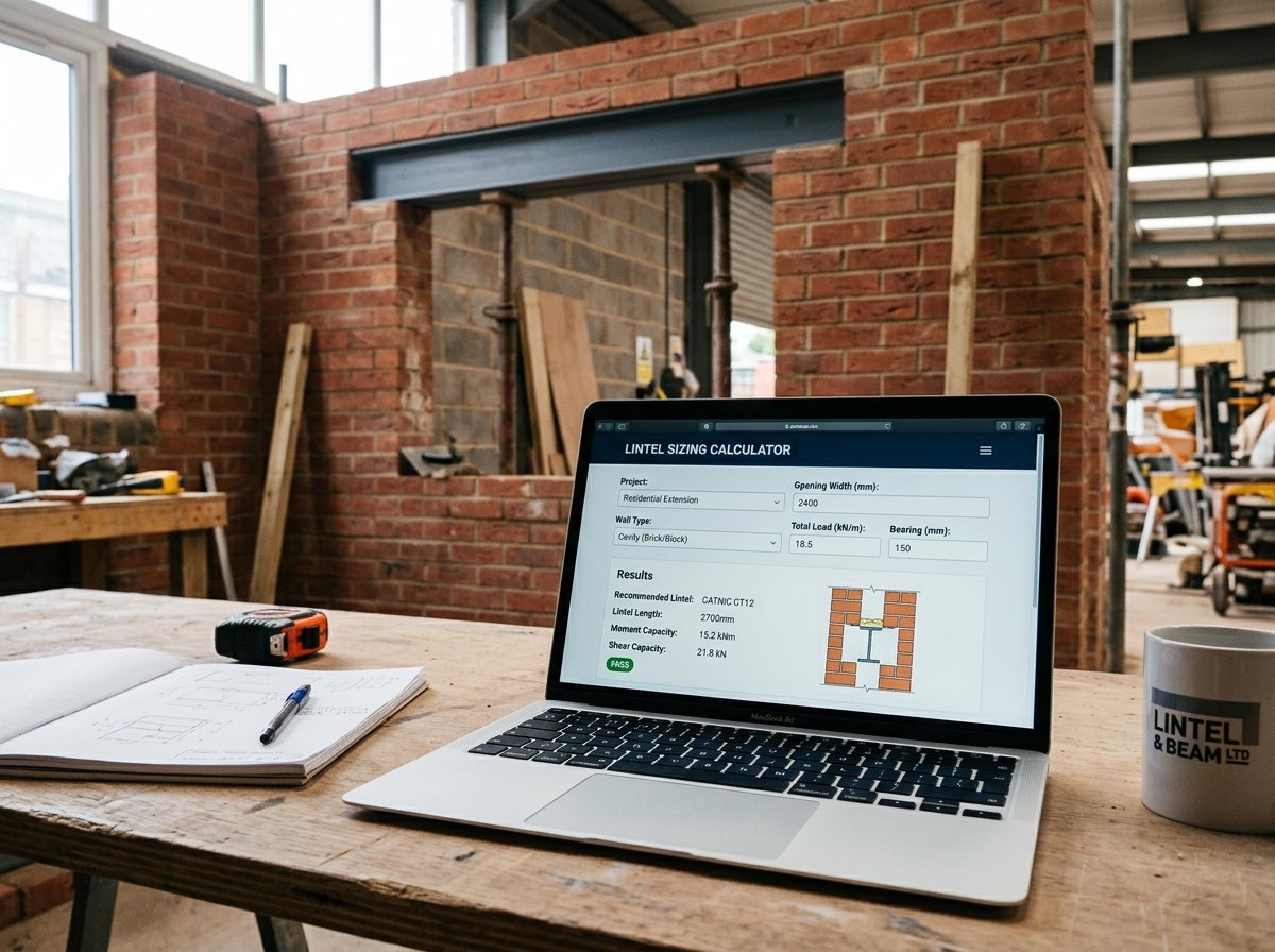 Lintel Sizing Calculator interface showing fields for span, wall dimensions, load, and material.