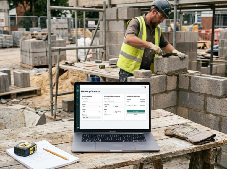 Masonry Quote Calculator interface showing fields for wall area, thickness, material, mortar, and labour.