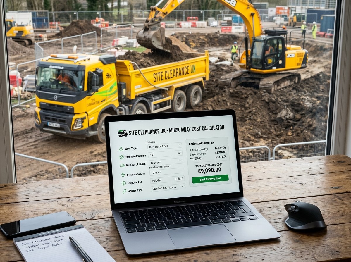 Muck Away Cost Calculator interface showing fields for excavation dimensions, vehicle type, and costs.