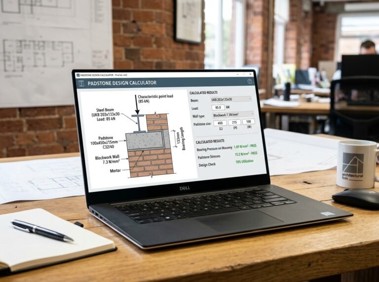 Padstone Design Calculator interface showing fields for beam reaction, masonry type, and padstone dimensions.