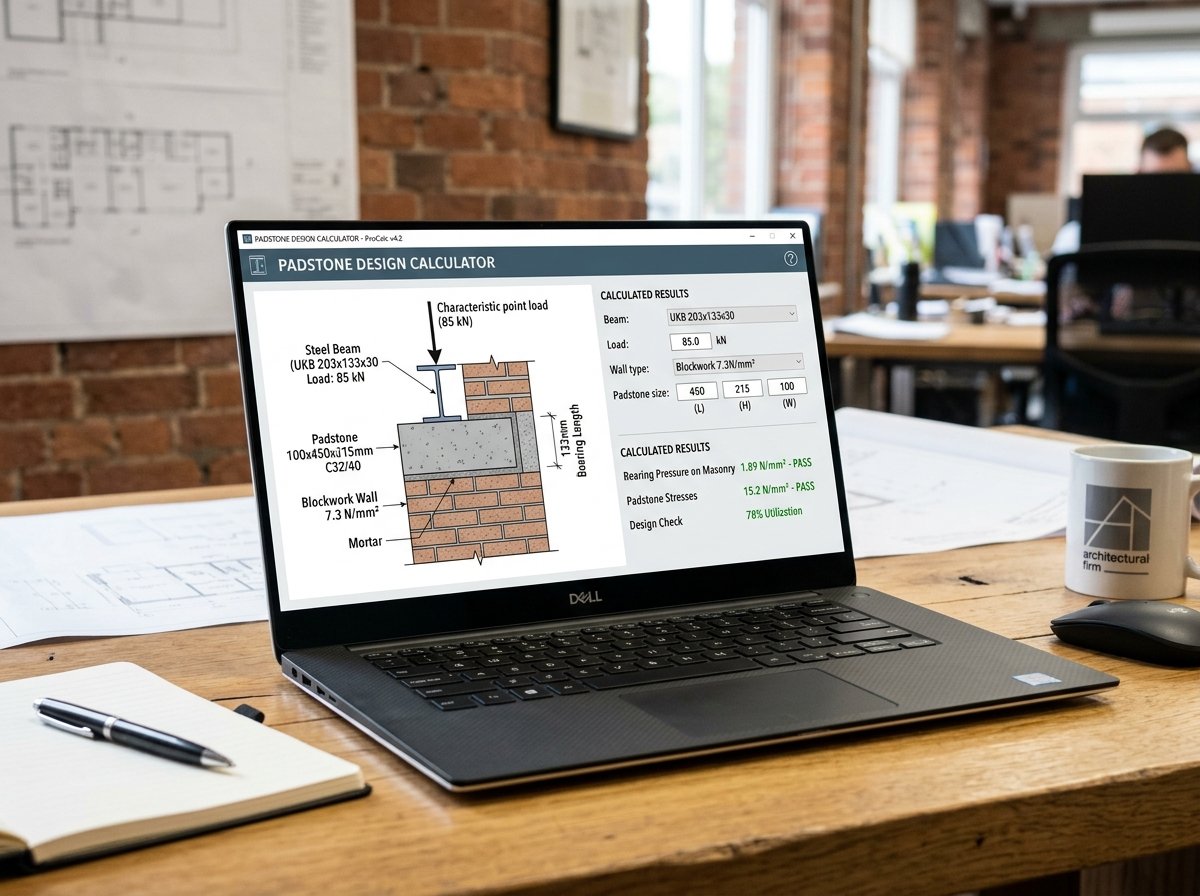 Padstone Design Calculator interface showing fields for beam reaction, masonry type, and padstone dimensions.