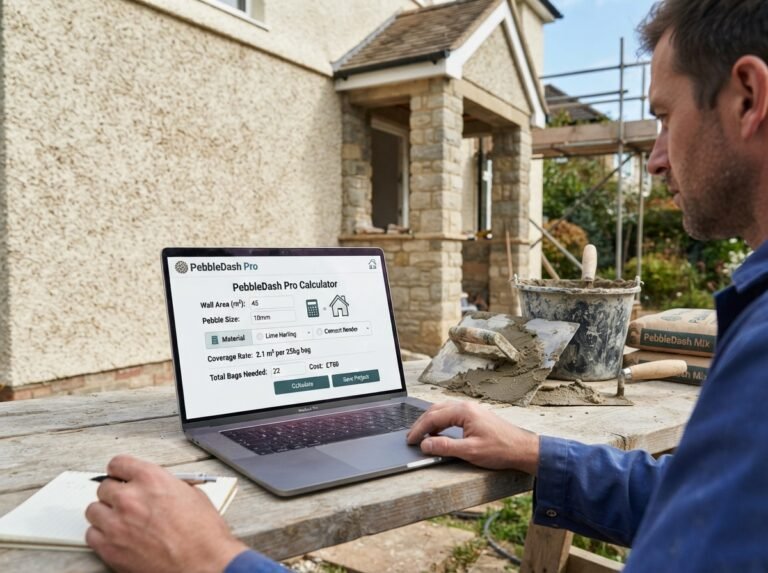 Pebbledash / Harling Calculator interface showing fields for wall dimensions, base coat, aggregate, and pricing.