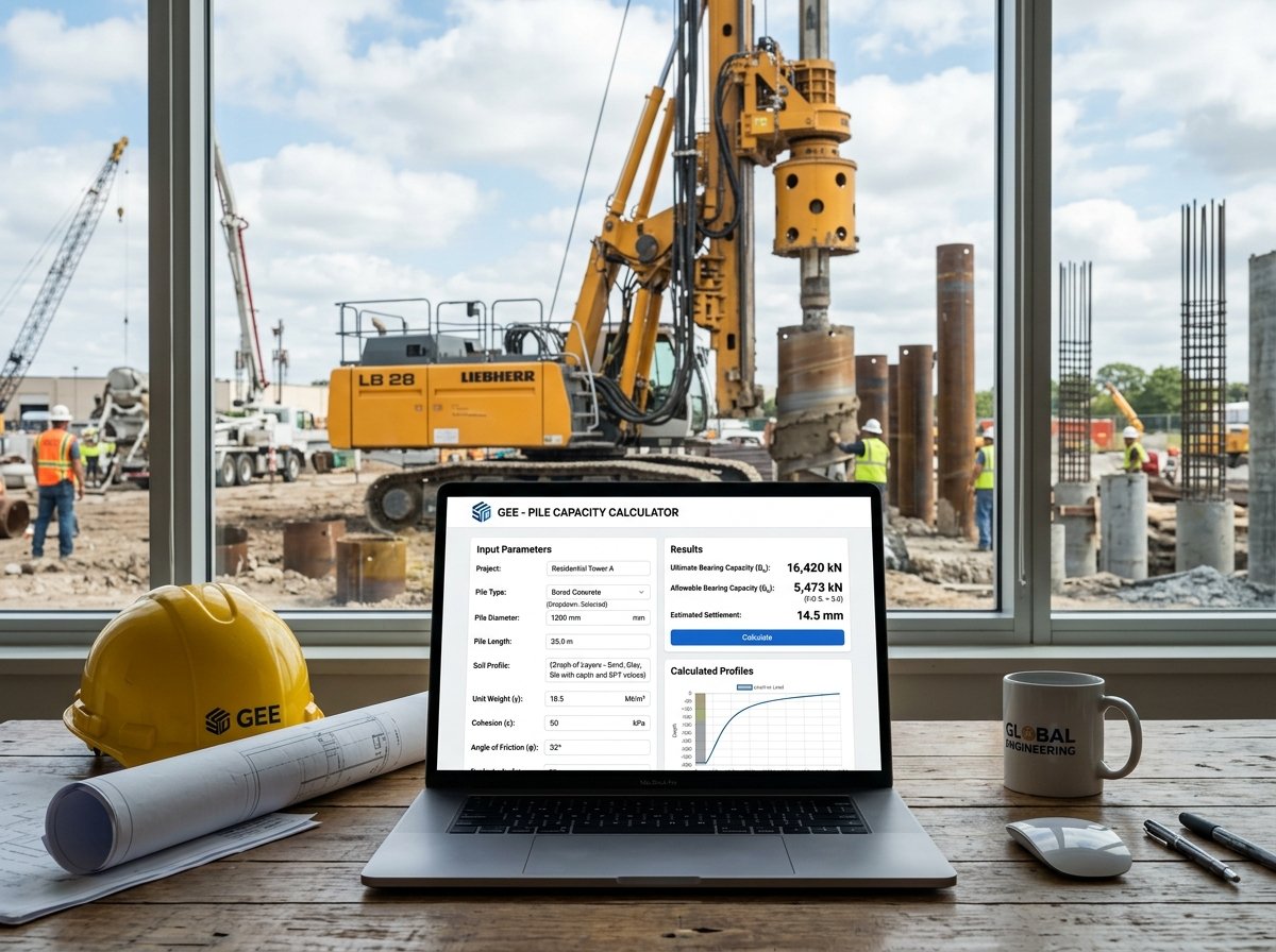 Pile Capacity Calculator interface showing fields for pile type, diameter, length, soil, and safety factors.