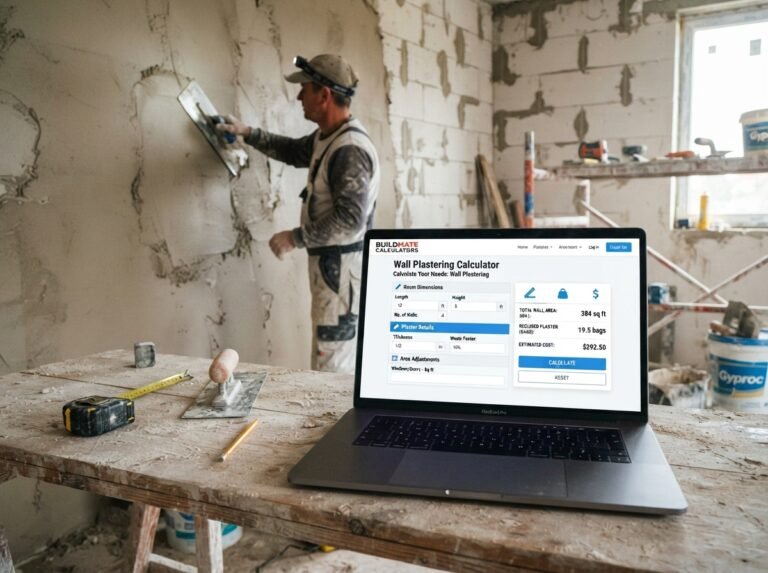 Plastering (Walls) Calculator interface showing fields for wall dimensions, plaster system, coverage, and pricing.