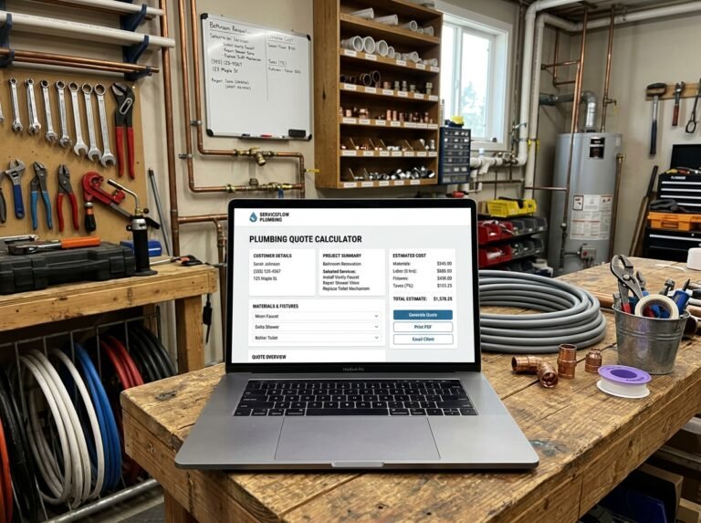 Plumbing Quote Calculator interface showing fields for water points, drain points, fixtures, pipes, and labour.