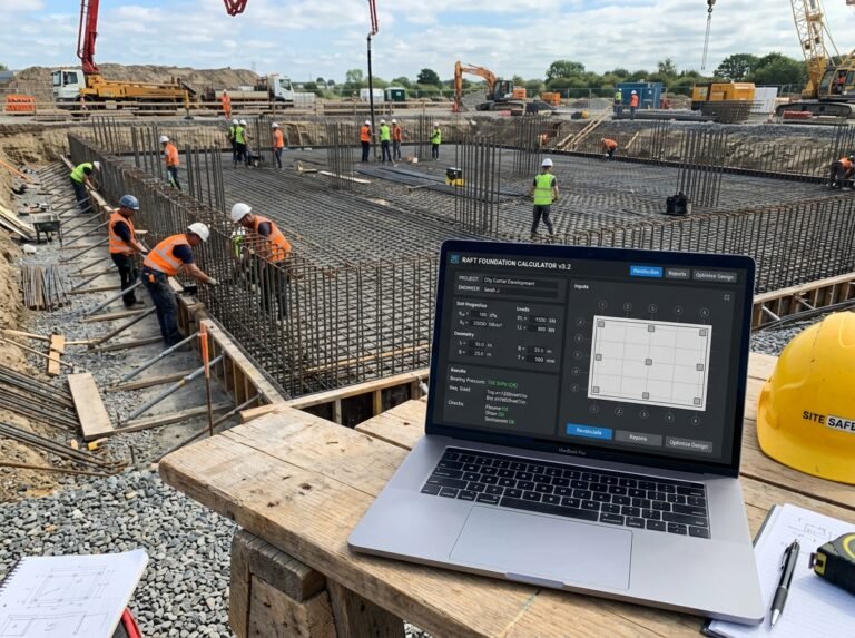 Raft Foundation Calculator interface showing fields for raft dimensions, edge beam, reinforcement, and costs.