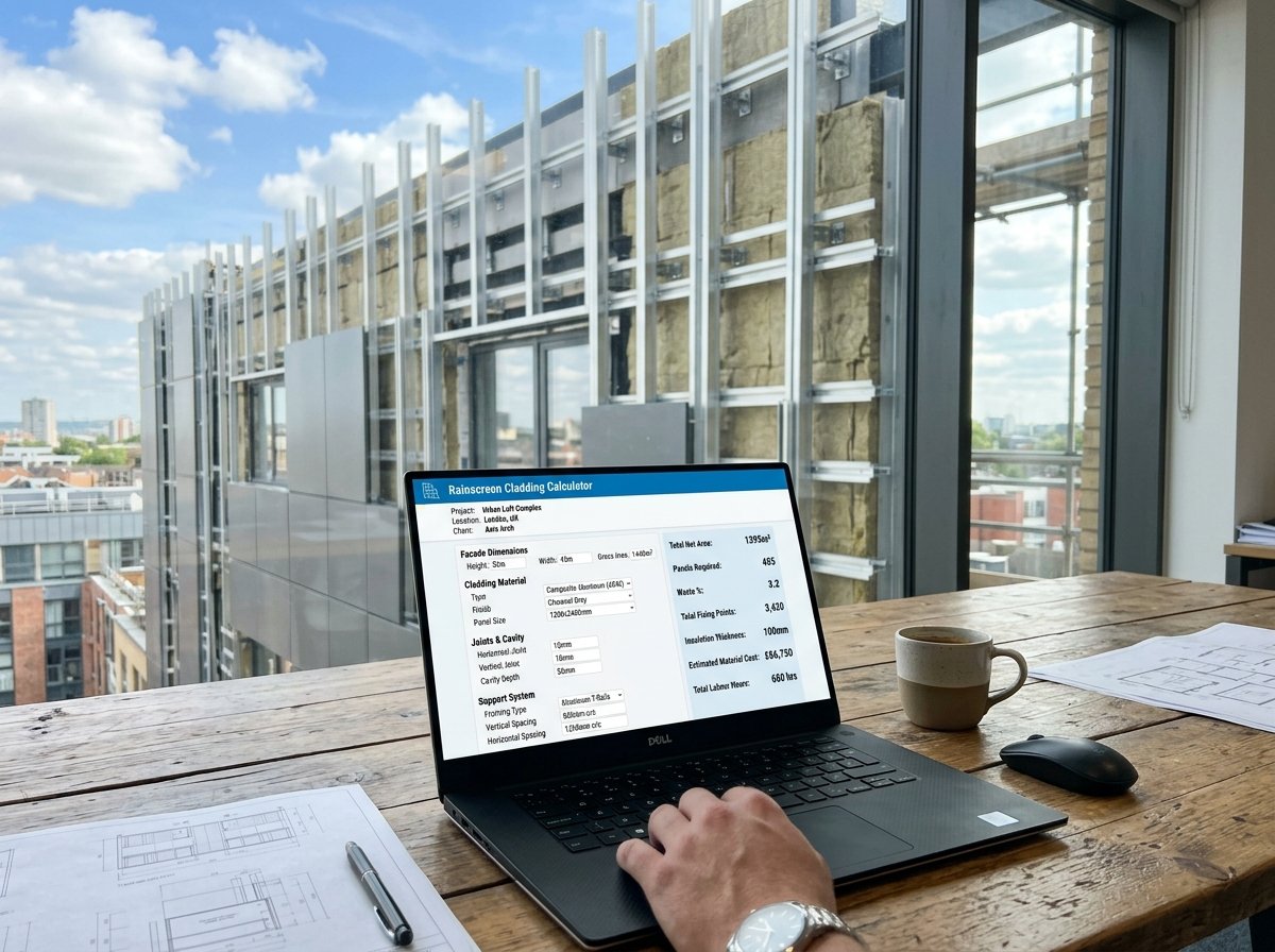 Rainscreen Cladding Calculator interface showing fields for facade dimensions, panel size, rail spacing, and pricing.