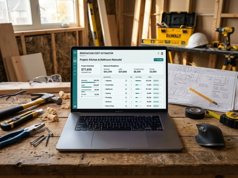 Renovation Cost Estimator interface showing fields for area, ceiling height, and costs.