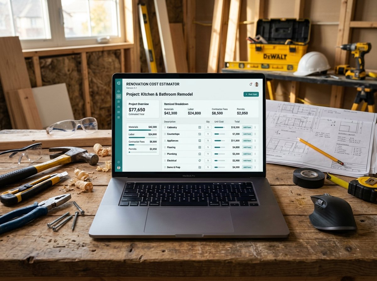 Renovation Cost Estimator interface showing fields for area, ceiling height, and costs.