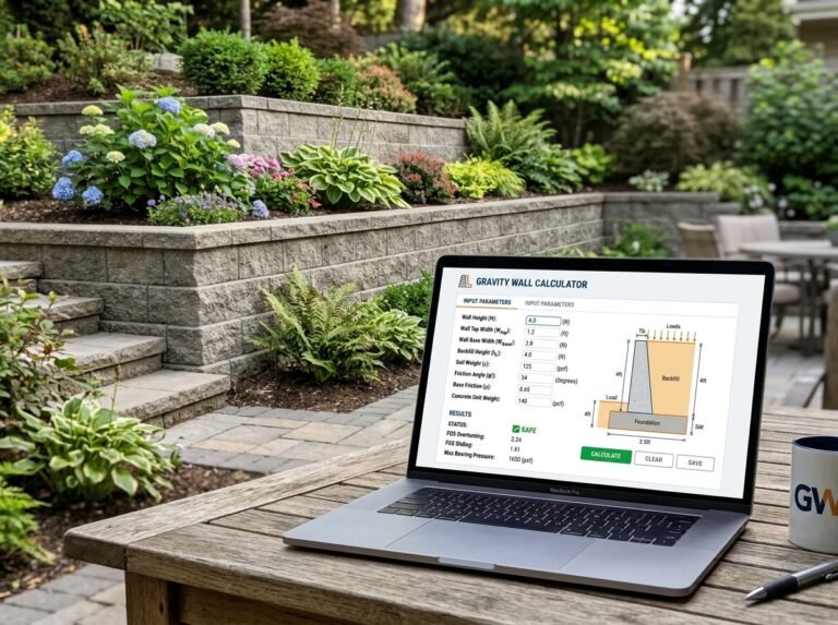 Gravity Retaining Wall Calculator interface showing fields for wall dimensions, soil type, and costs.