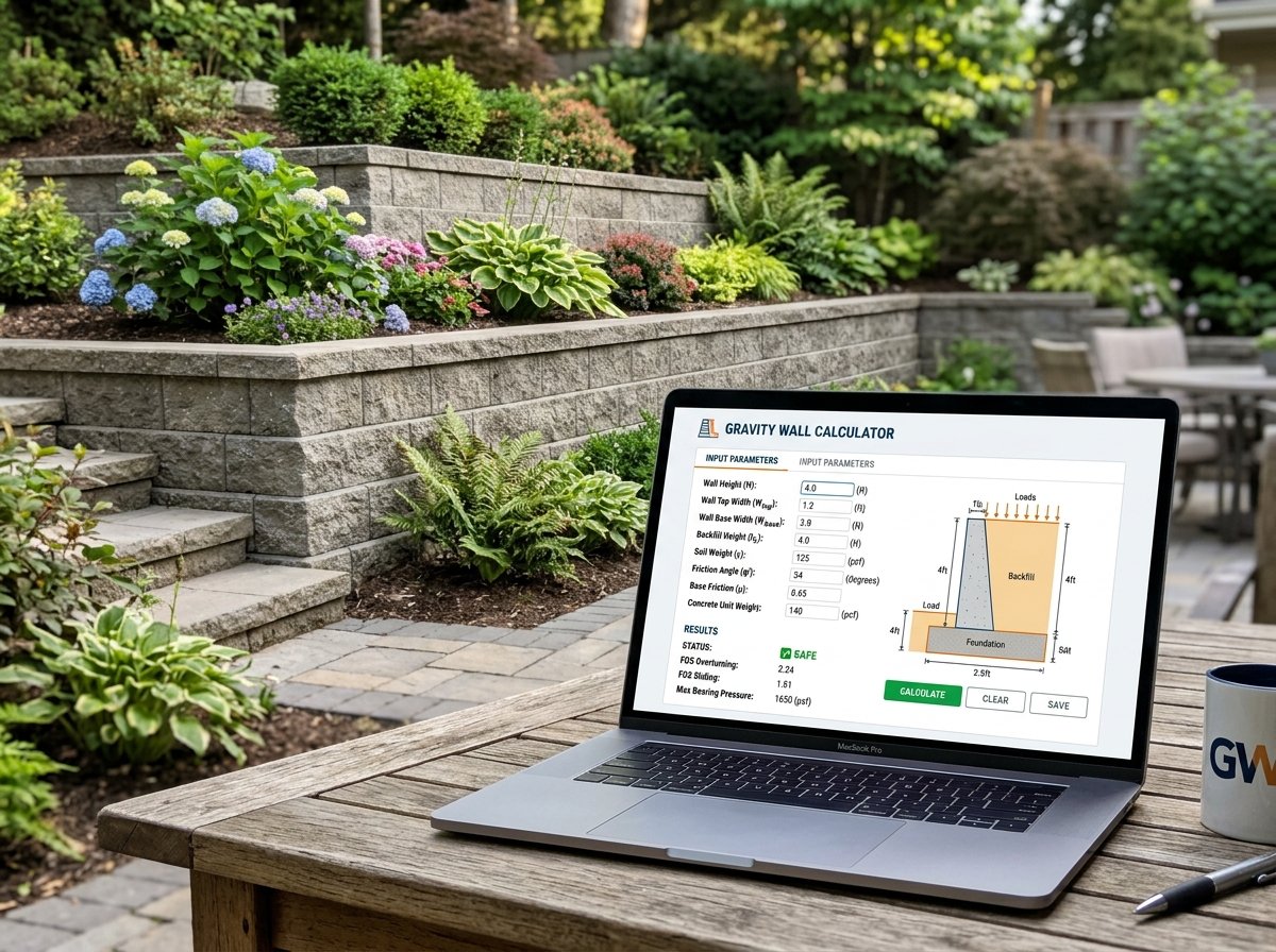 Gravity Retaining Wall Calculator interface showing fields for wall dimensions, soil type, and costs.